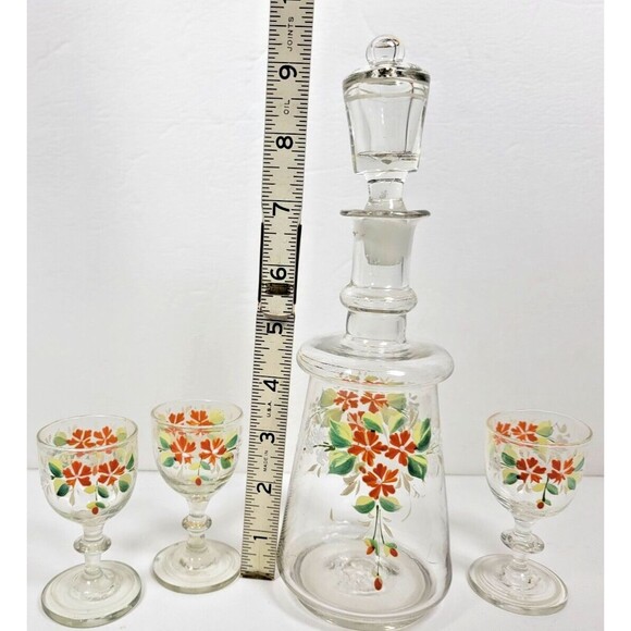 Glass Decanter with 3 Cordial Glasses Hand Painted Vtg Floral Holiday Barware - Picture 5 of 8